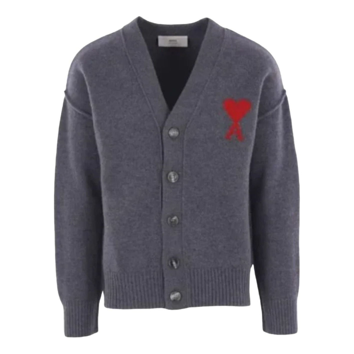 AMI Big Heart Logo Felt Merino Wool Cardigan 'Heather Grey' UKC367-018-084