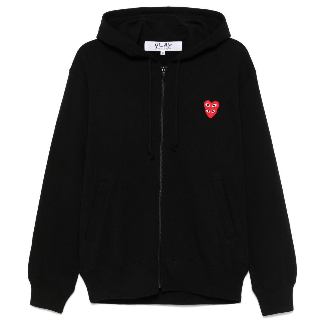 COMME DES GARÇONS PLAY DOUBLE HEART EMBLEM ZIP UP HOODIE BLACK