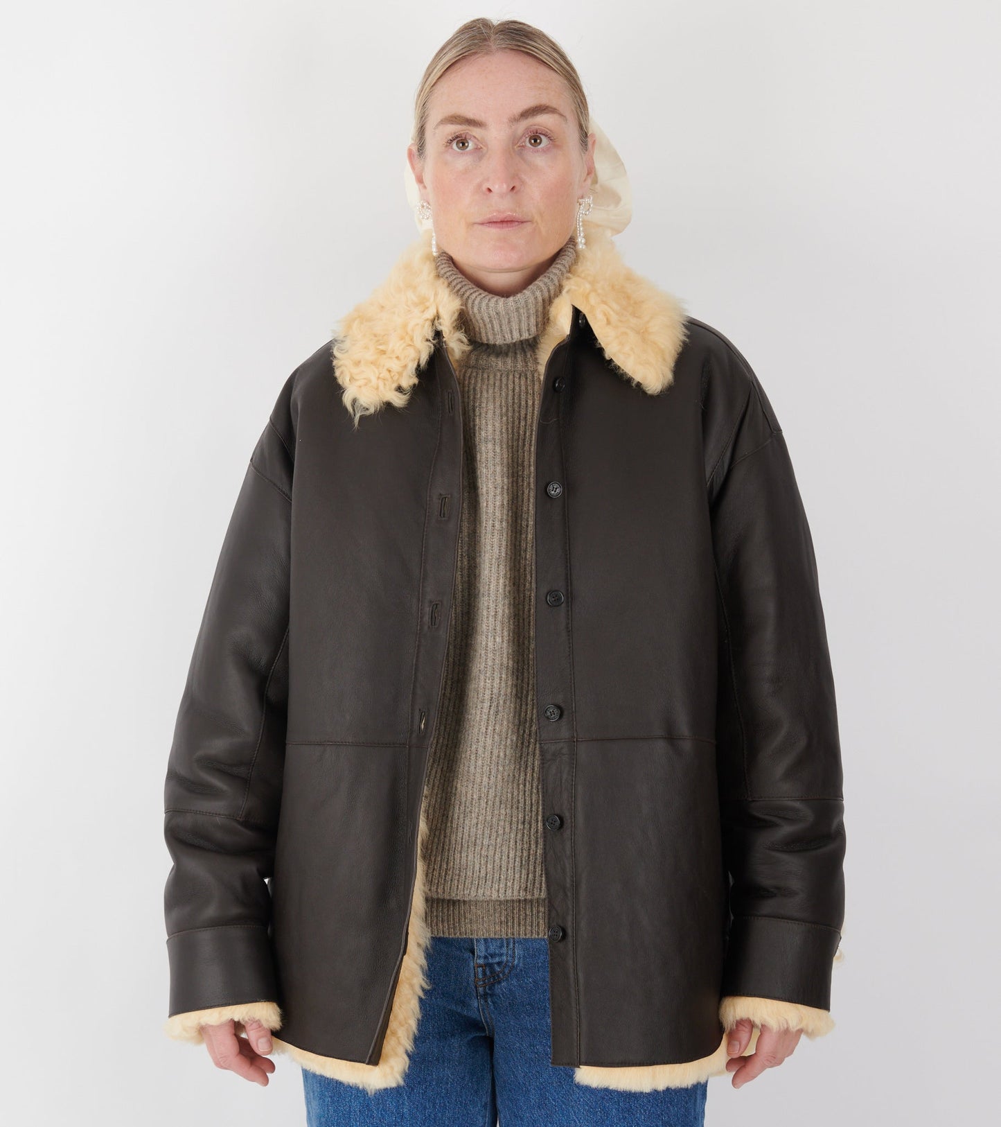 Shearling Shirt Jacket Coffee Brown/Pale Yellow