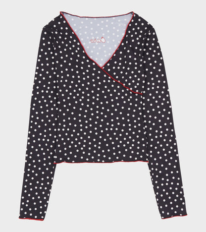 Jersey Wrap Top Black Dots