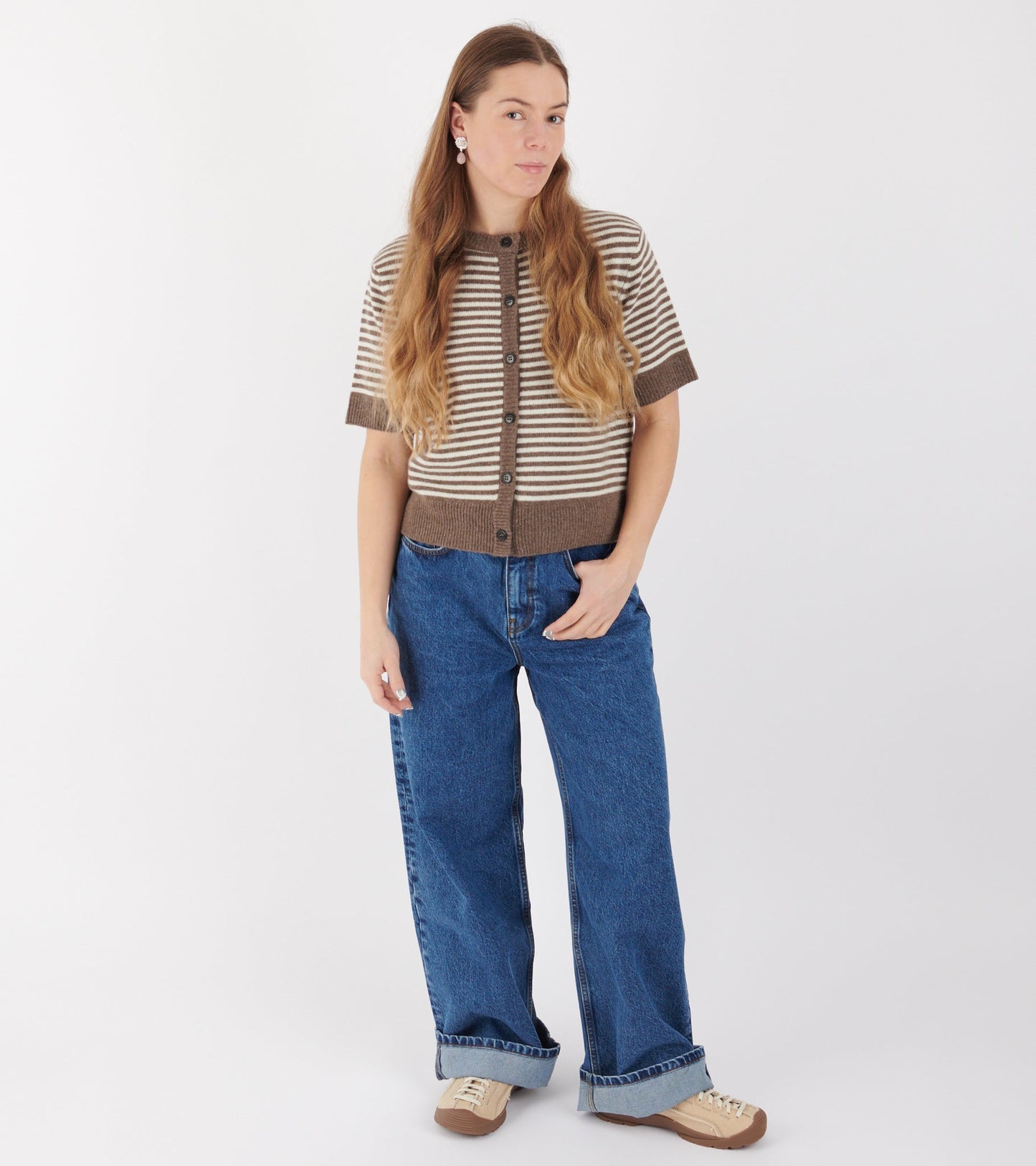 Carmine Cardigan White/Brown Melange Stripe