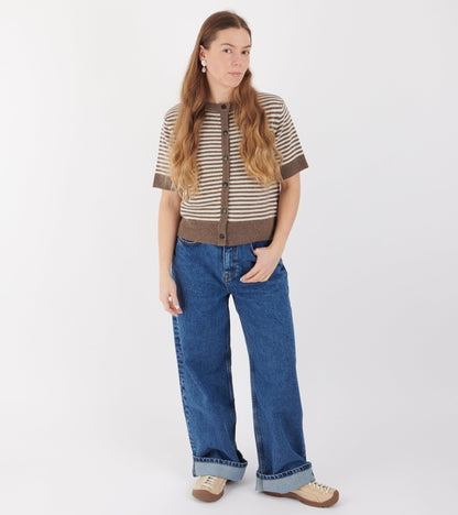 Carmine Cardigan White/Brown Melange Stripe