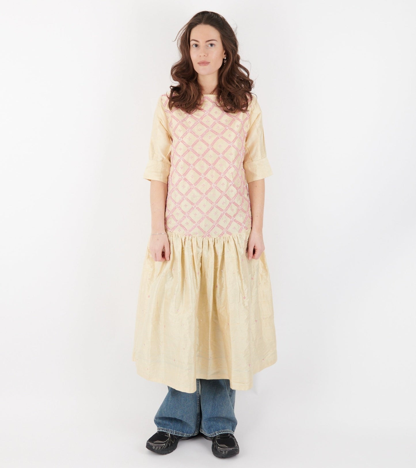 Sonya Dress Silk White Pink Pearls