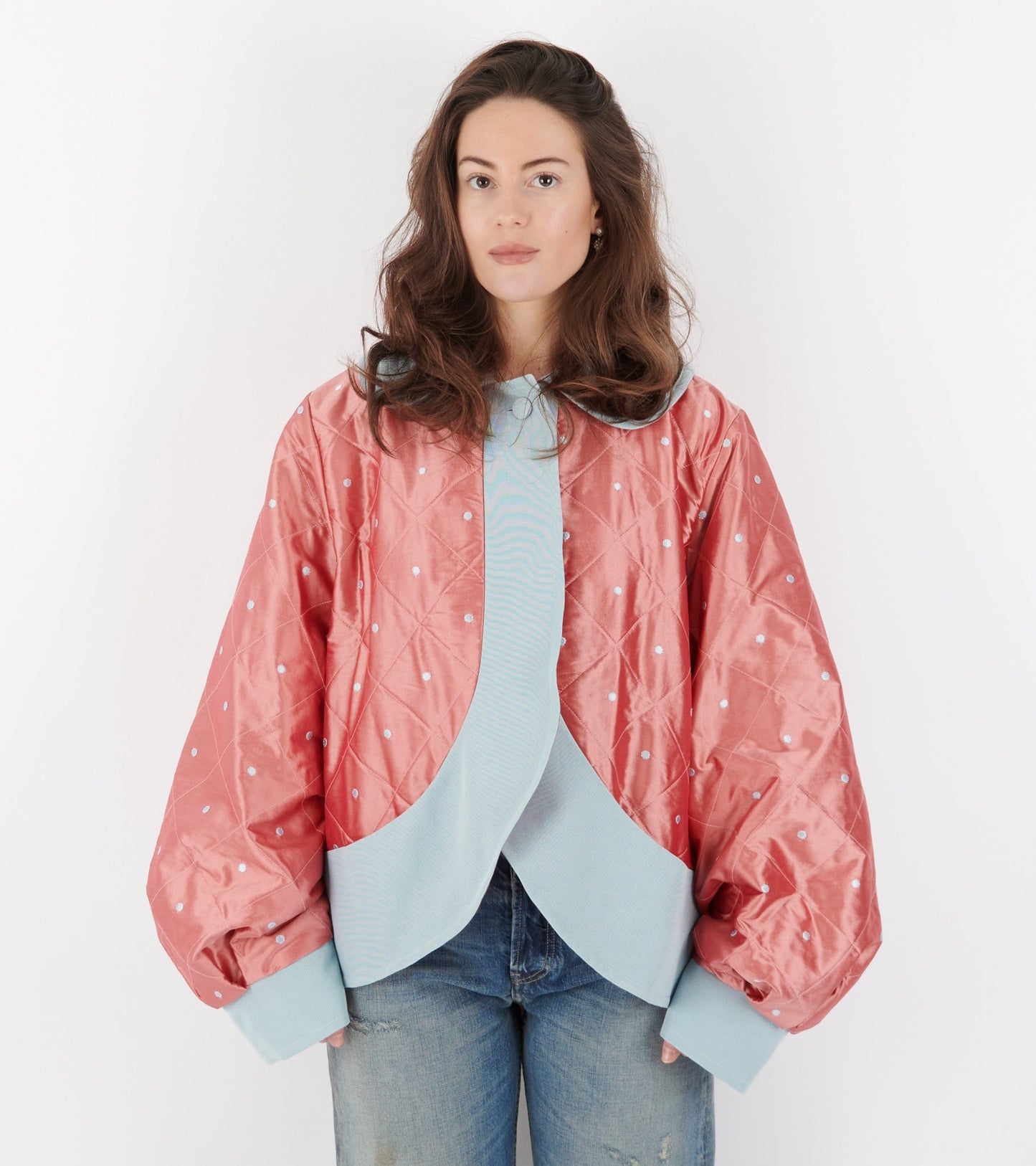 Daisy Jacket Silk Peach Blue Dots
