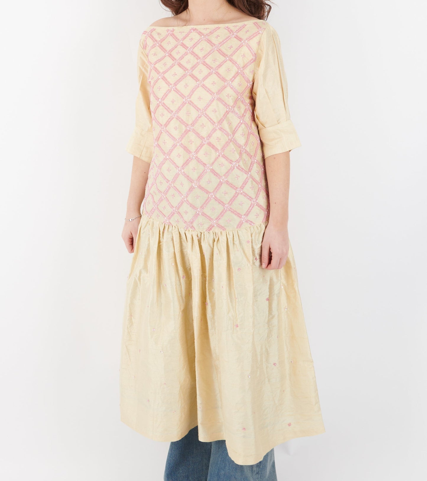 Sonya Dress Silk White Pink Pearls