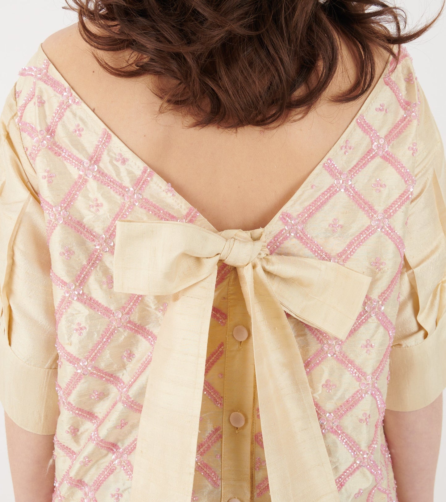 Sonya Dress Silk White Pink Pearls