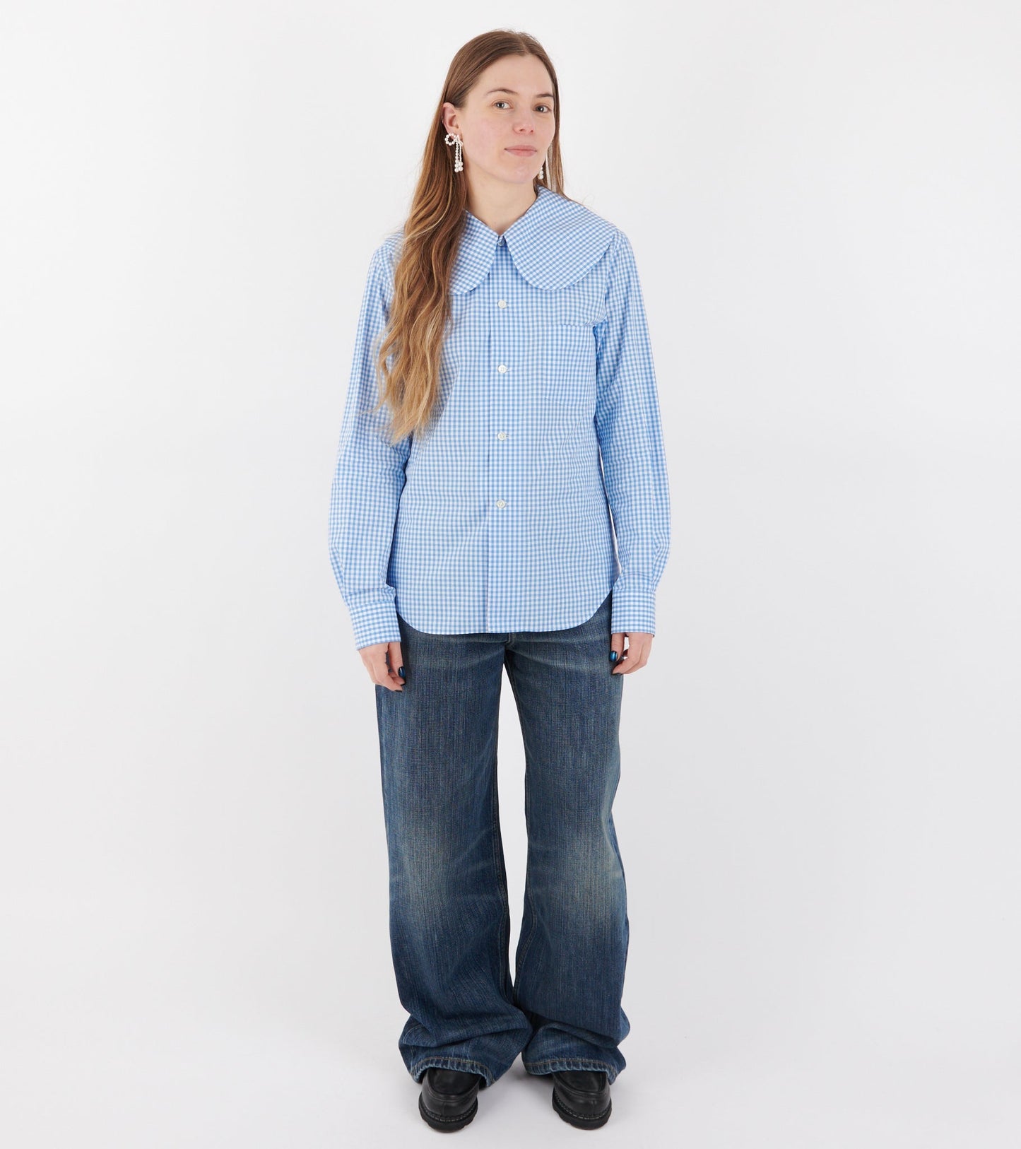 Big Round Collar Check Shirt Light Blue/White