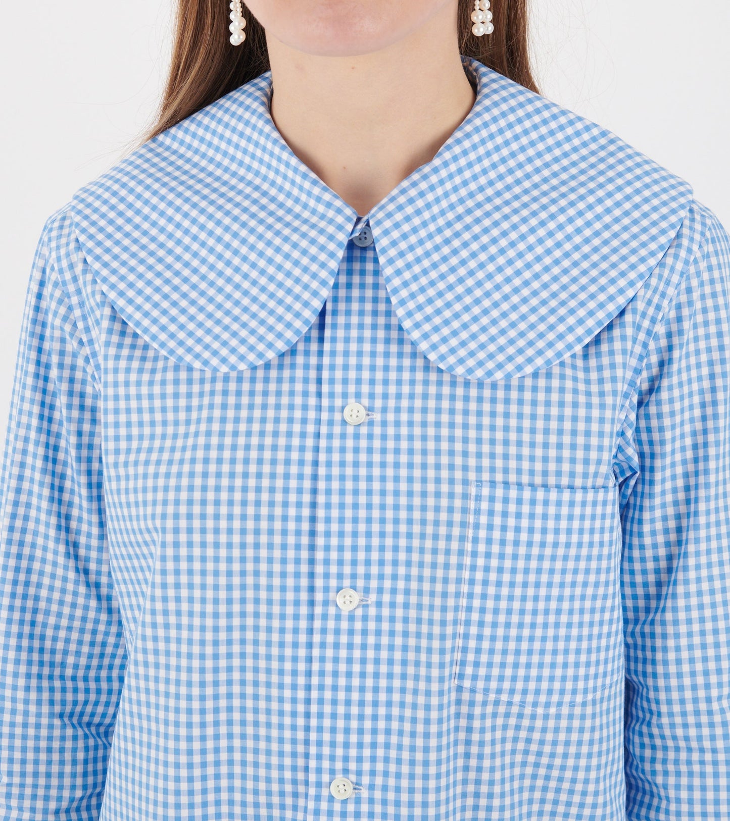 Big Round Collar Check Shirt Light Blue/White