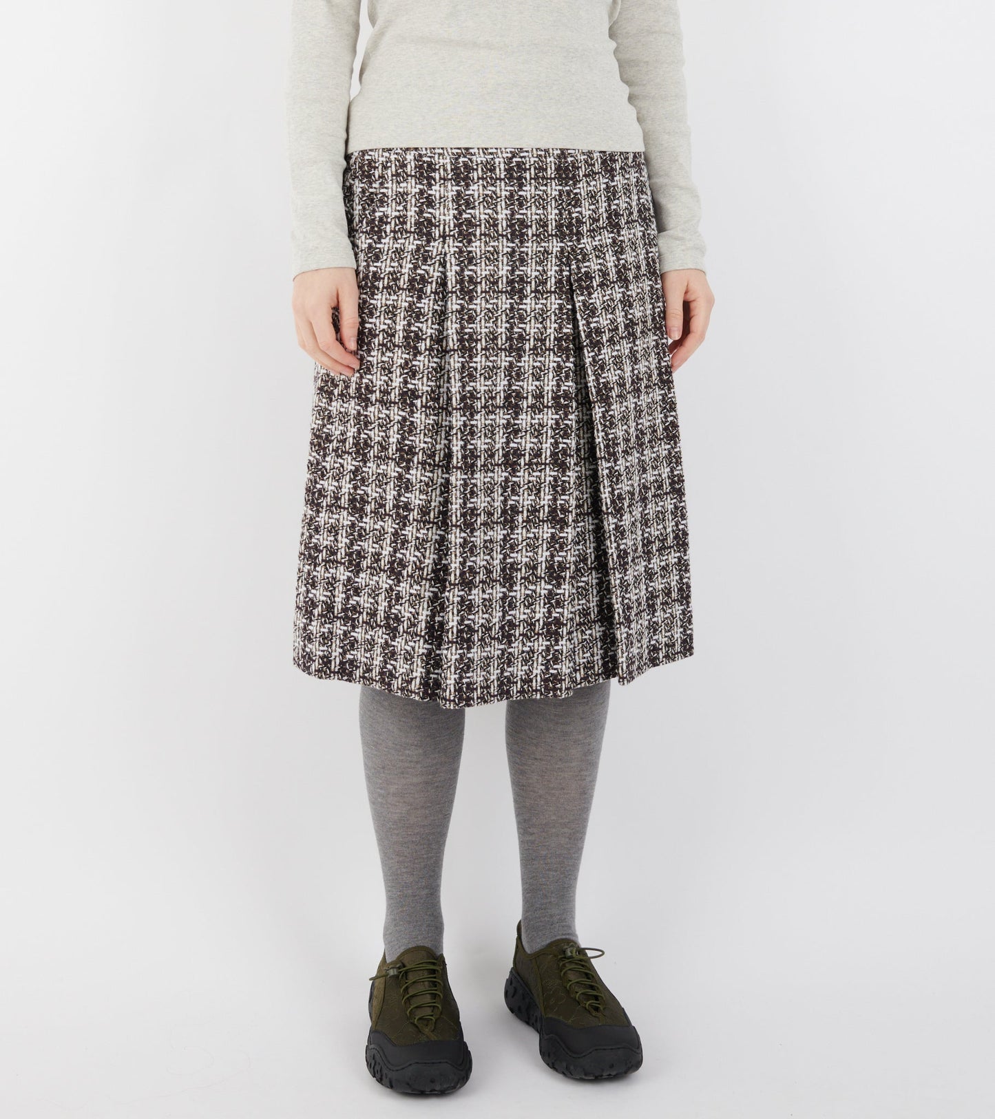 Bouclé Wool Full Length Pleated Skirt Burgundy Checkered
