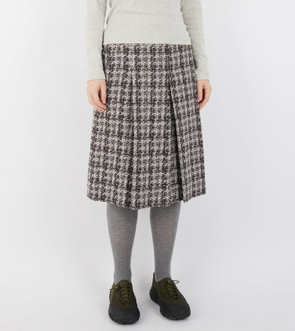 Bouclé Wool Full Length Pleated Skirt Burgundy Checkered