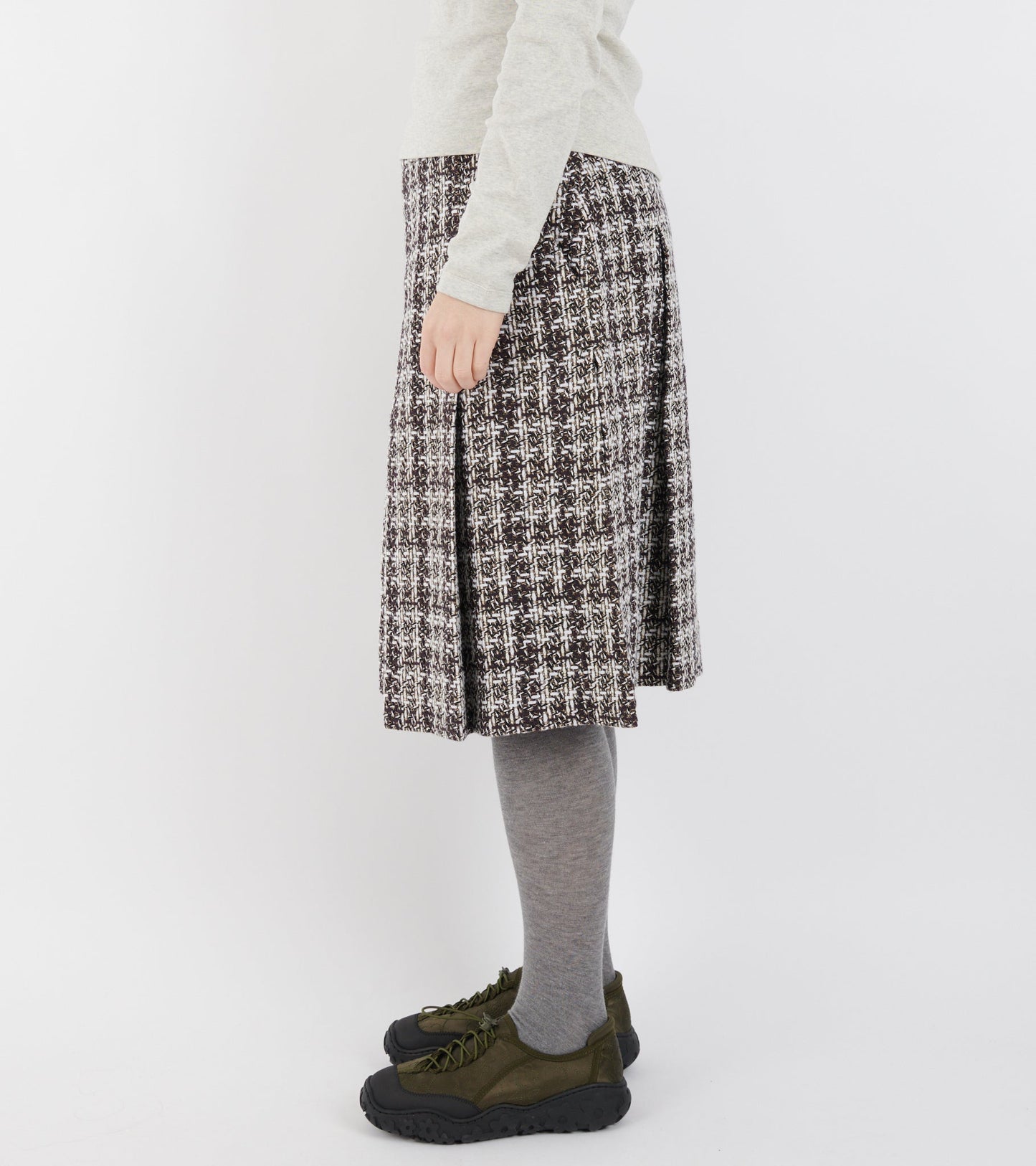 Bouclé Wool Full Length Pleated Skirt Burgundy Checkered