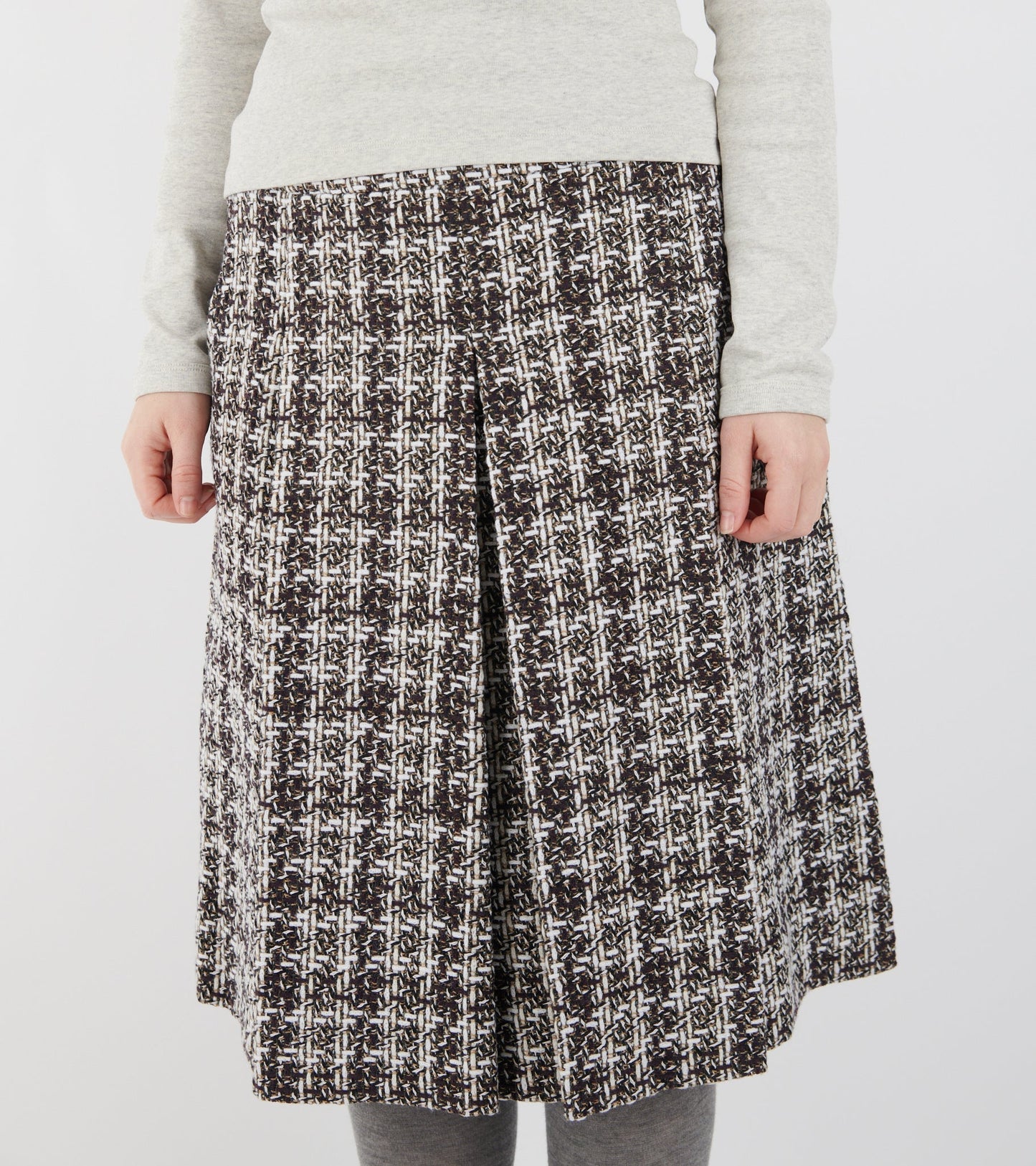 Bouclé Wool Full Length Pleated Skirt Burgundy Checkered