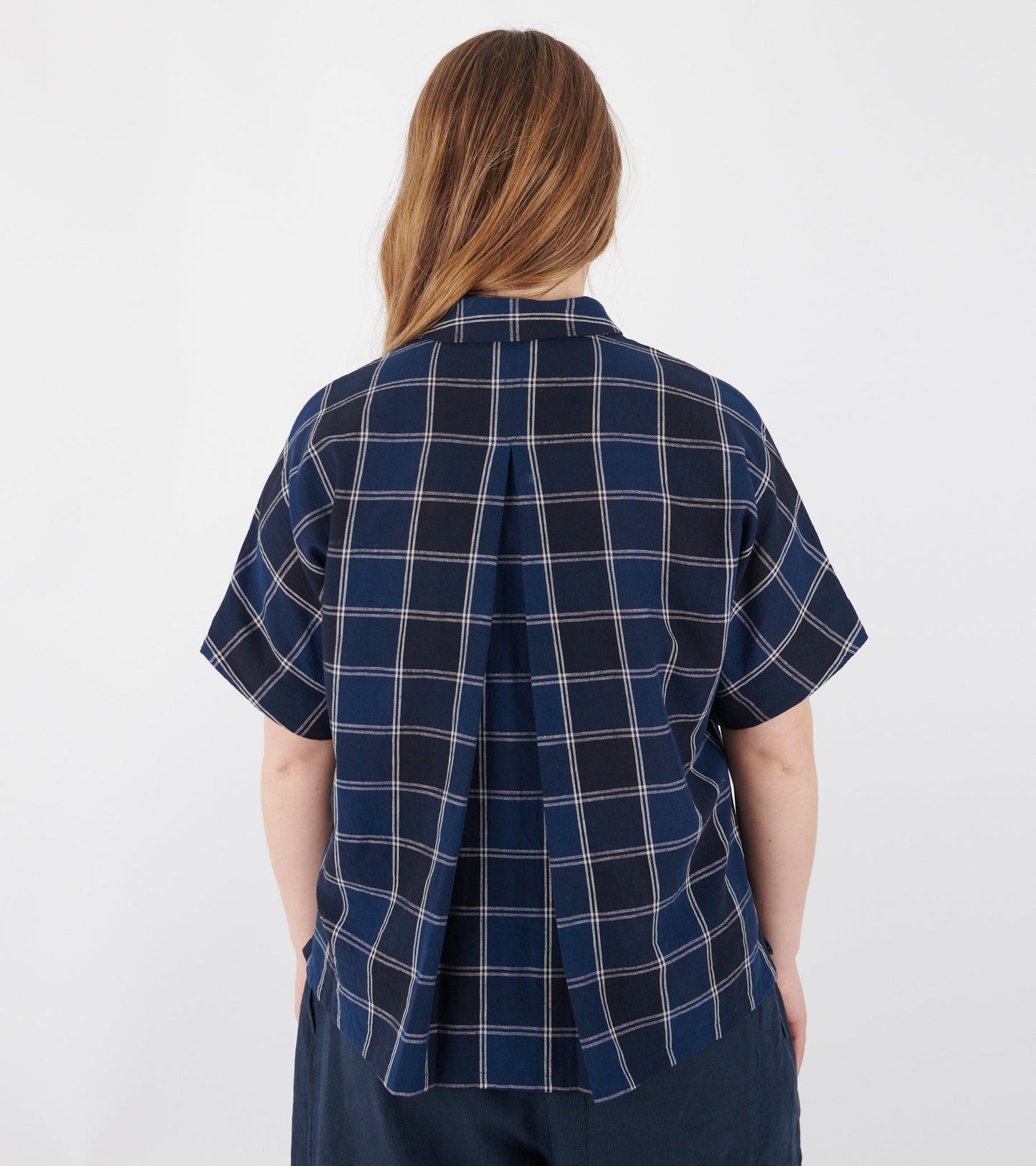 Market Check Cotton Linen Shirt Denim Blue