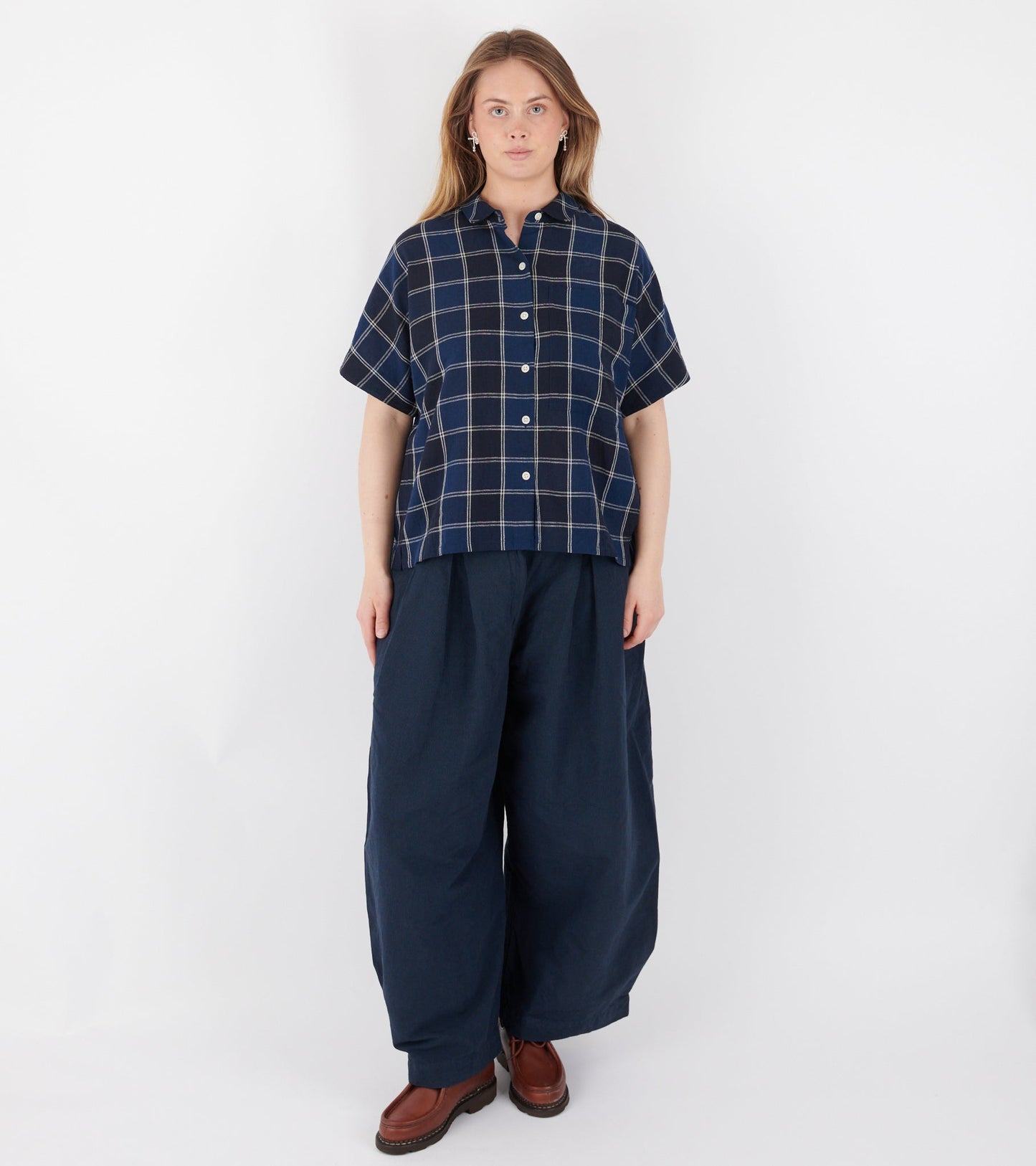 Market Check Cotton Linen Shirt Denim Blue