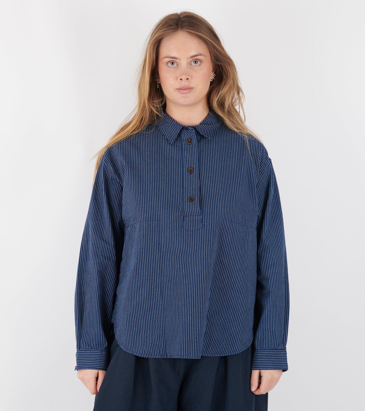 Railroad Stripe Popover Smock Shirt Denim Blue