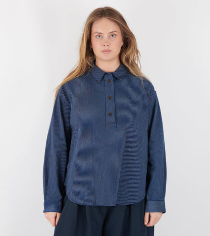 Railroad Stripe Popover Smock Shirt Denim Blue