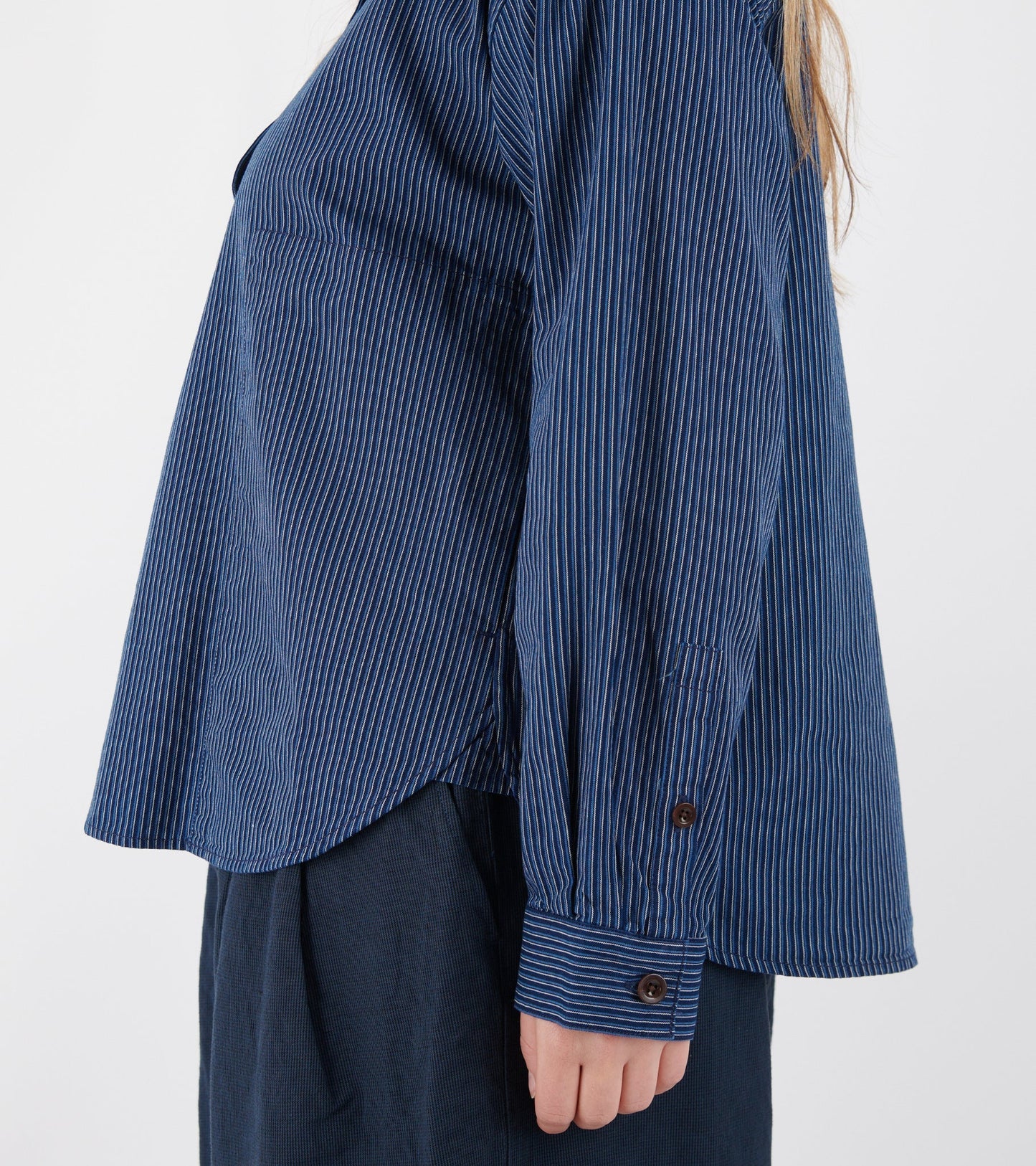 Railroad Stripe Popover Smock Shirt Denim Blue