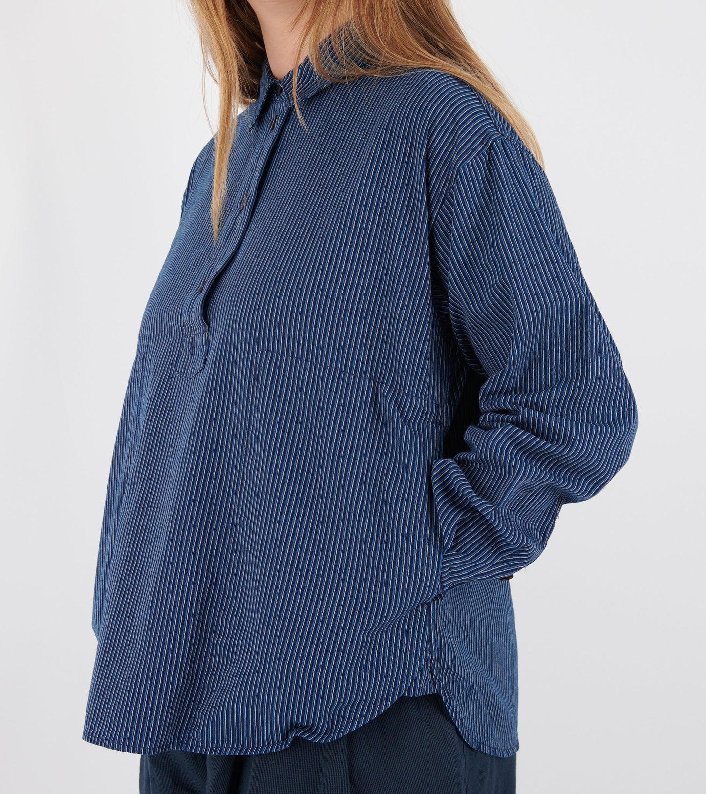 Railroad Stripe Popover Smock Shirt Denim Blue