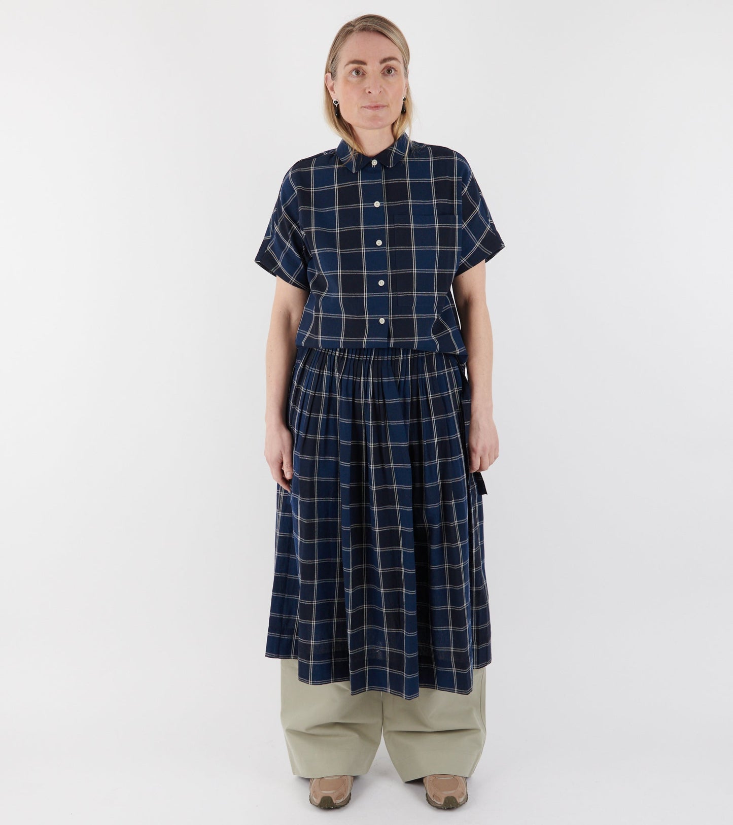 Market Check Cotton Linen Shirt Denim Blue