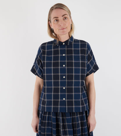 Market Check Cotton Linen Shirt Denim Blue