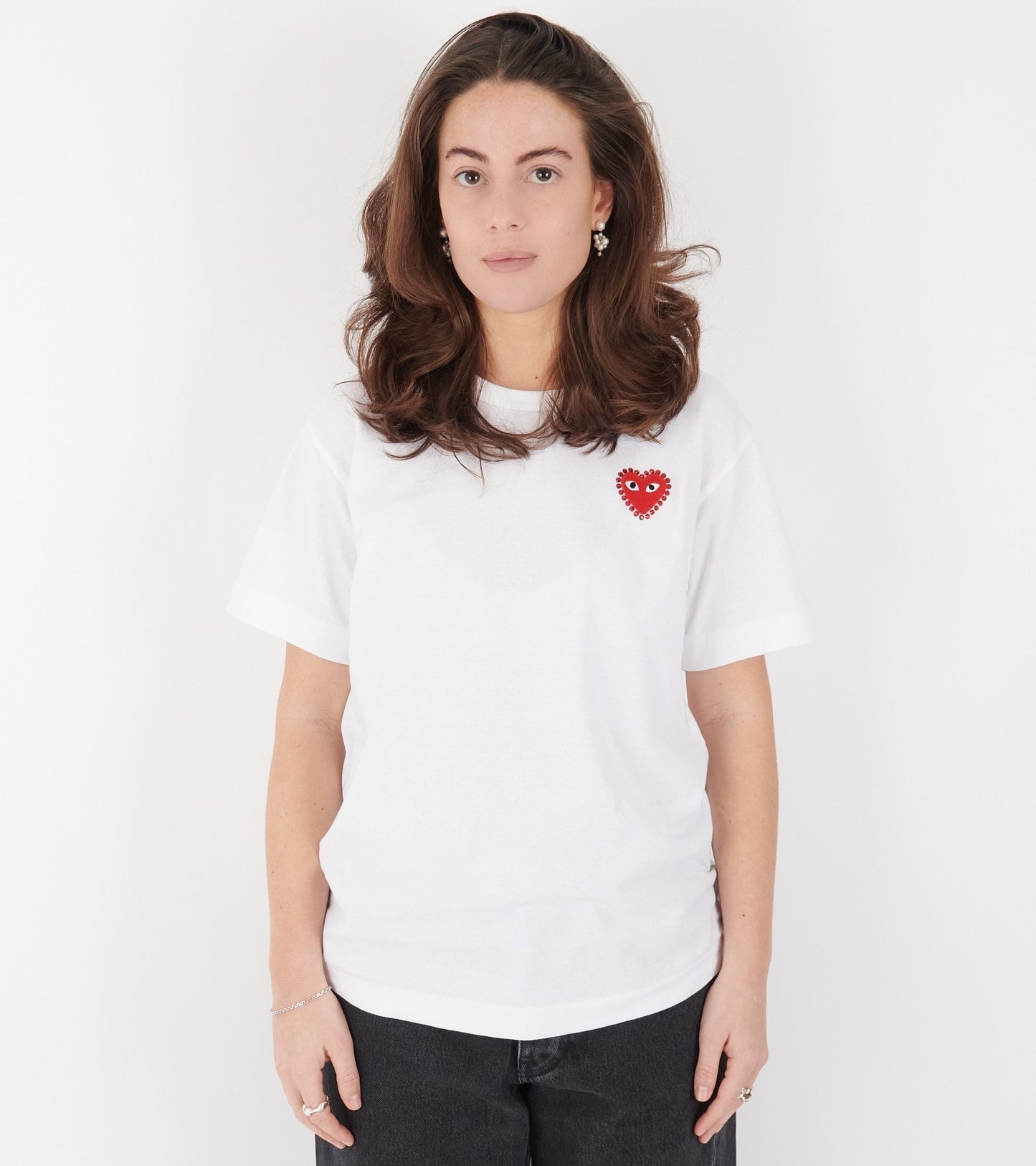 U Rhinestone Red Heart T-shirt White