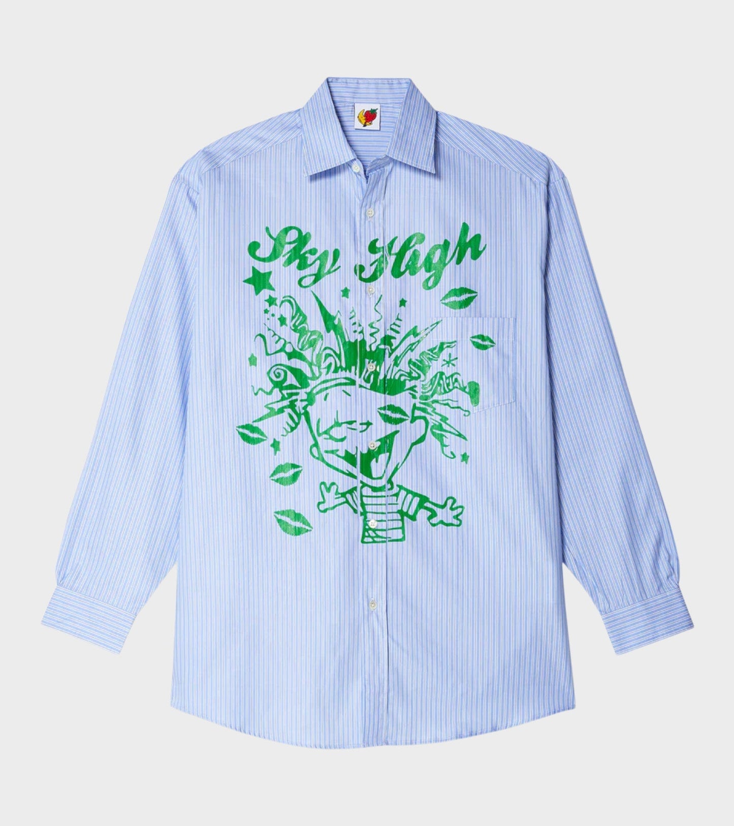 Mindblown Print Button Down Shirt Blue Stripe