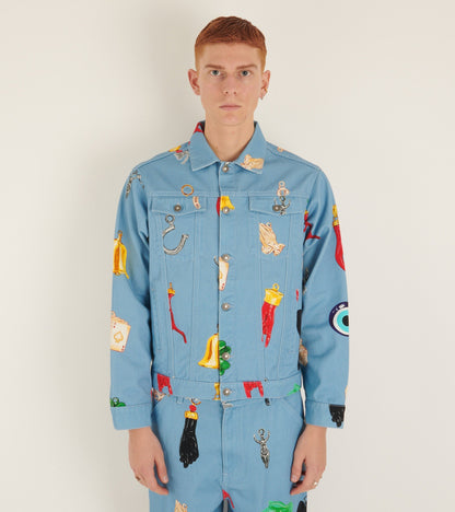Charm Print Denim Jacket Light Blue