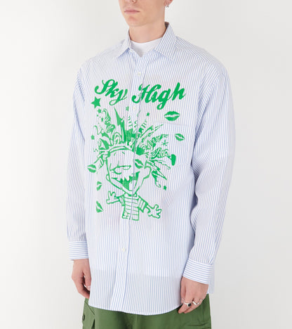 Mindblown Print Button Down Shirt Blue Stripe