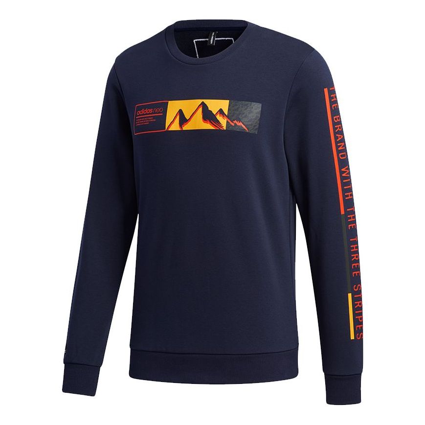 Men's adidas neo Ss Cs Swt Mountains Pattern Alphabet Printing Round Neck Sports Navy Blue GM2284