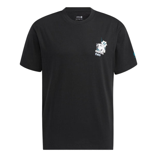 Men's adidas neo Cartoon Character Printing Logo Round Neck Short Sleeve Black T-Shirt HD4623