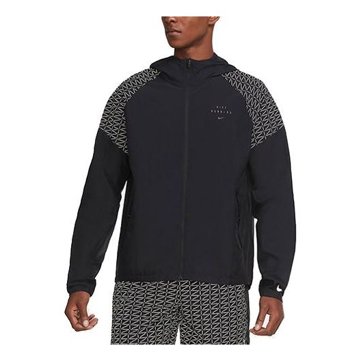 Nike Run Division Flash logo Reflective Printing hooded Running Jacket Black CU7871-010