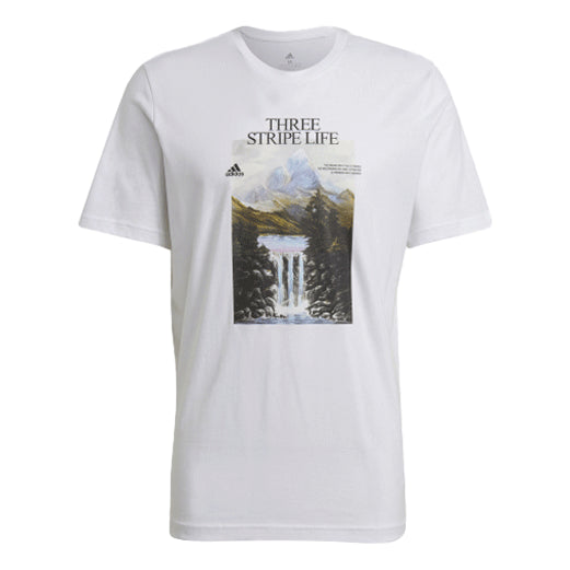 Men's adidas Snow Mountain Printing Sports Round Neck Short Sleeve White T-Shirt GN6851