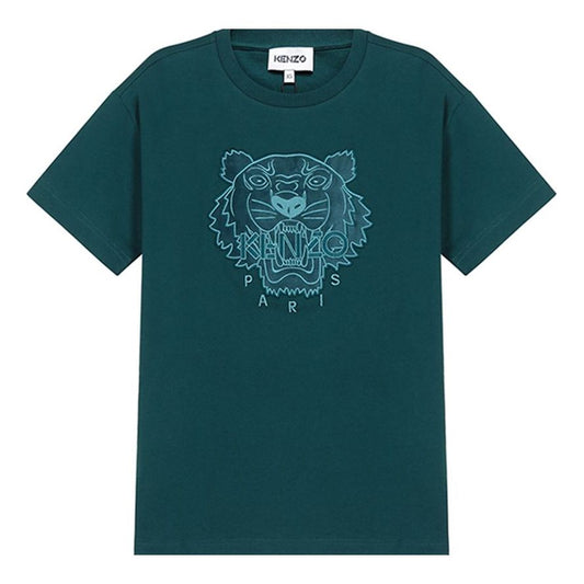 Men's KENZO Tiger Head Embroidered Cotton Loose Version Round Neck Short Sleeve Green FA65TS0654YI-73