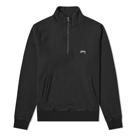 Men's Stussy Stock Fleece Mock Fleece Lined Stand Collar Half Zipper 'Black Orange' 118329BLAC