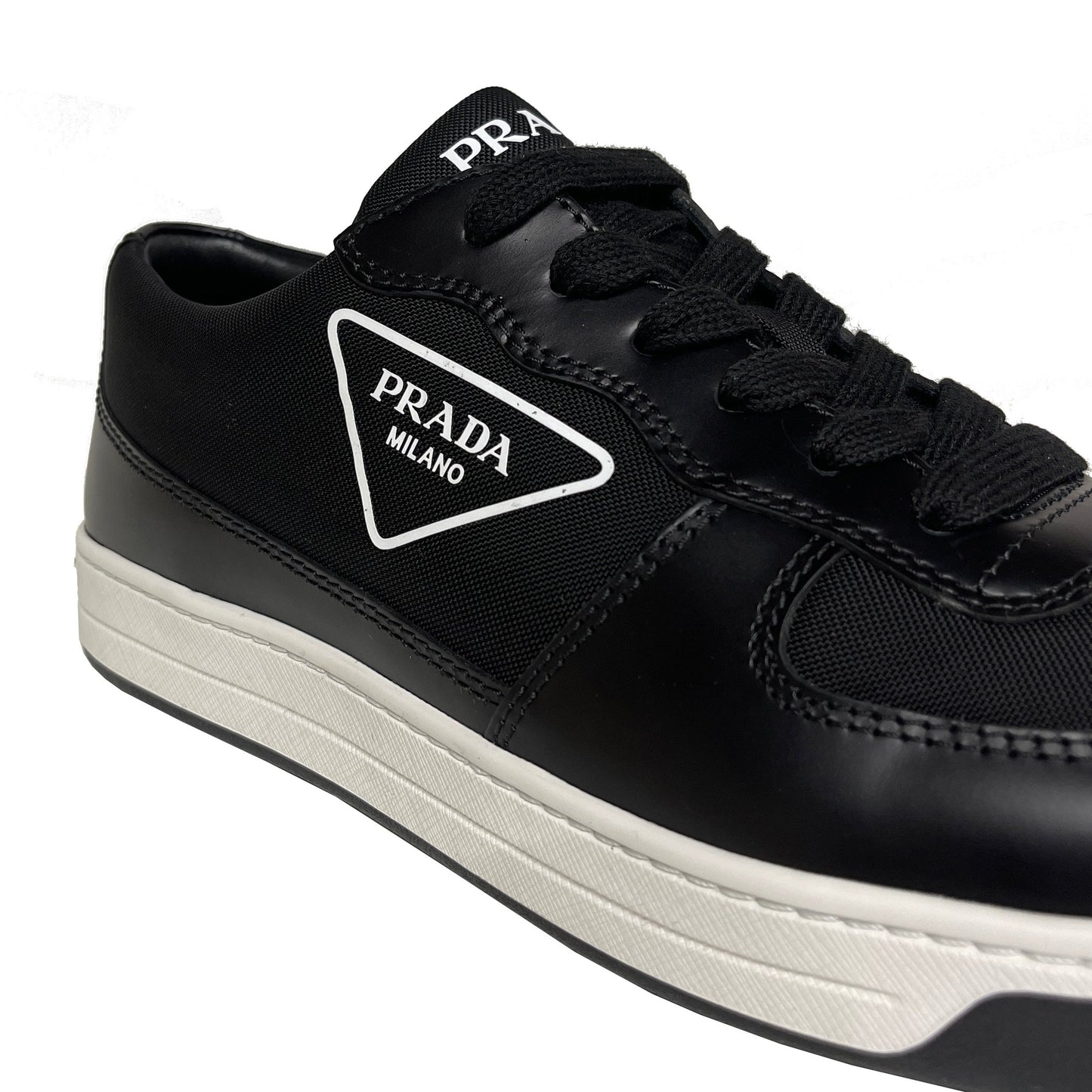 Prada Leather Triangle Logo Black & White Trainers